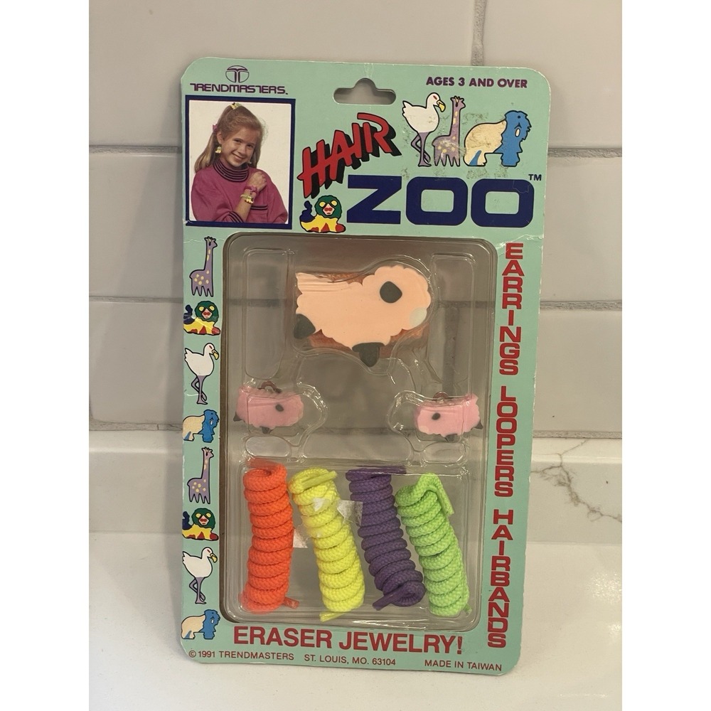 Vintage Hair Zoo Eraser Jewelry Animals Hairbands Loopers Earrings 1991 New